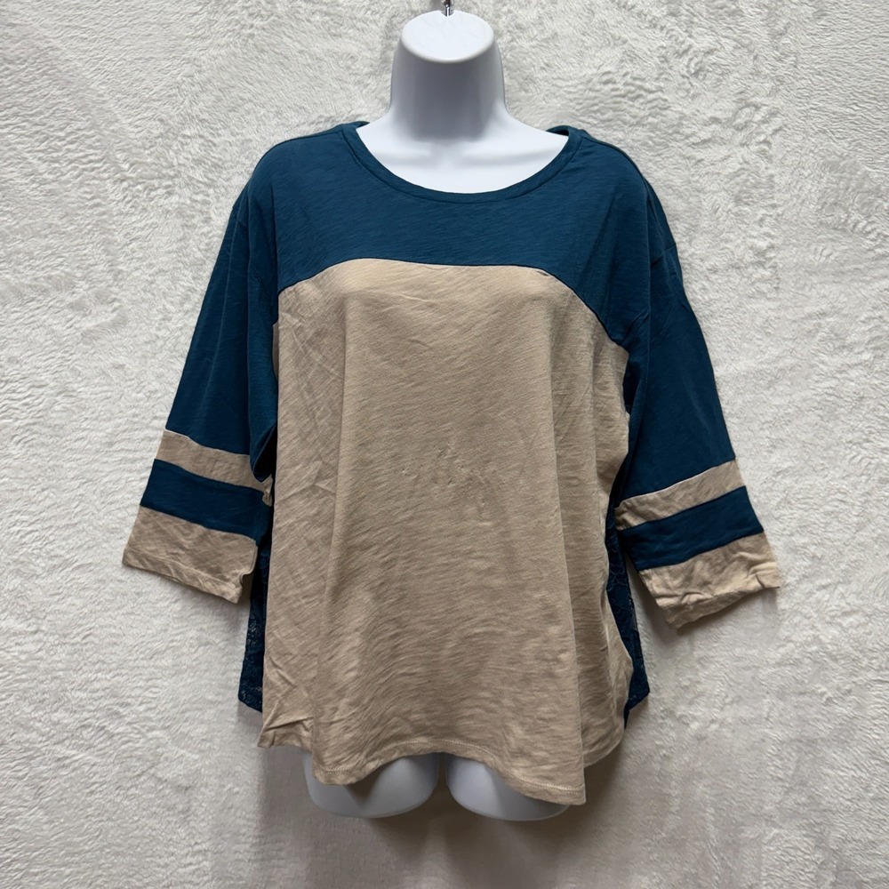 Torrid Jersey Lace Back Tee Shirt Womens 1X Blue Gray Colorblock Varsity Stripe
